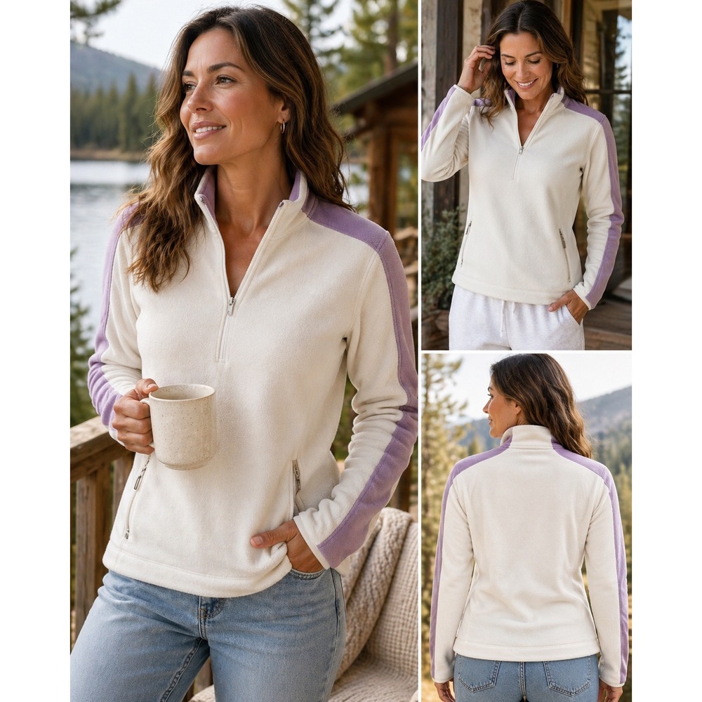 Eddie Bauer Fleece Pullover Lavender Cream Quarter Zip Cozy Core L